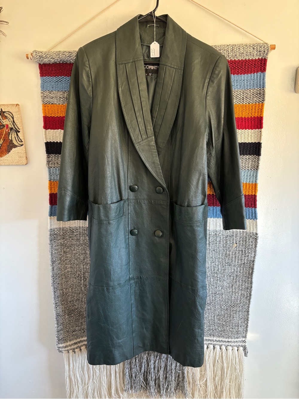Vintage Dark Green Leather Double-Breasted Coat